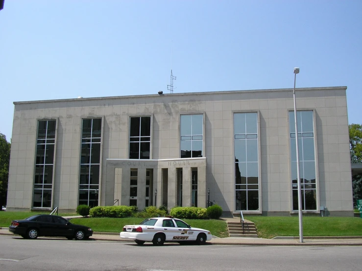 two police cars parked in front of a building