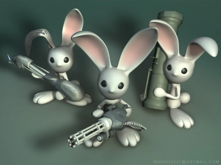 three little rabbits with their guns and an extra big bomb