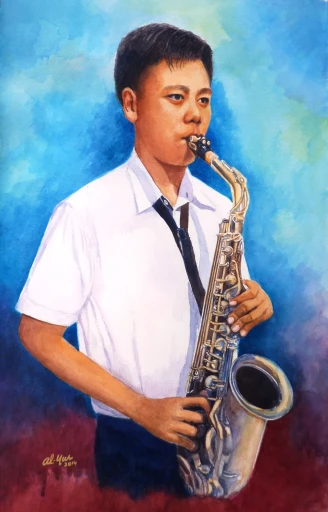 the painting of a boy is shown with a saxophone
