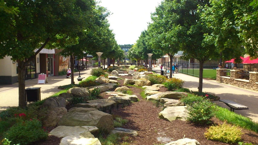 a small park with rocks and trees in the street