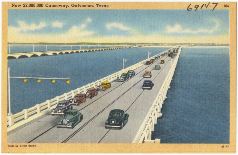 an antique postcard shows cars driving over the atlantic