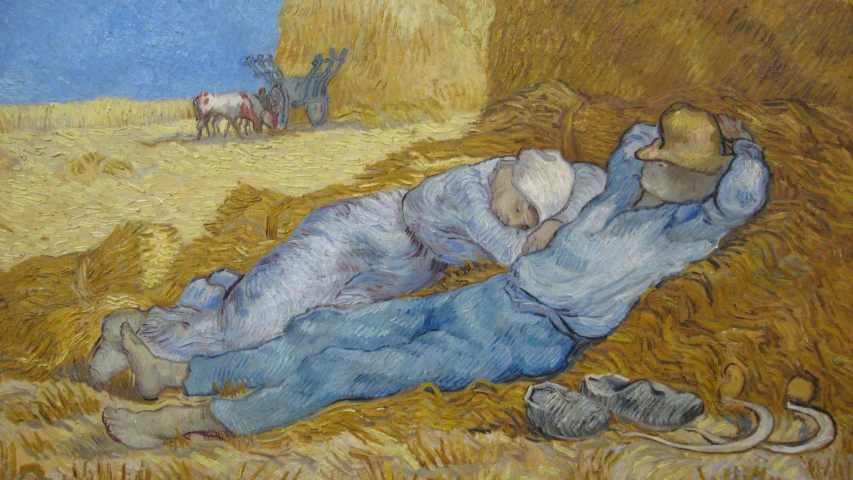 a painting with a man laying on the ground next to hay