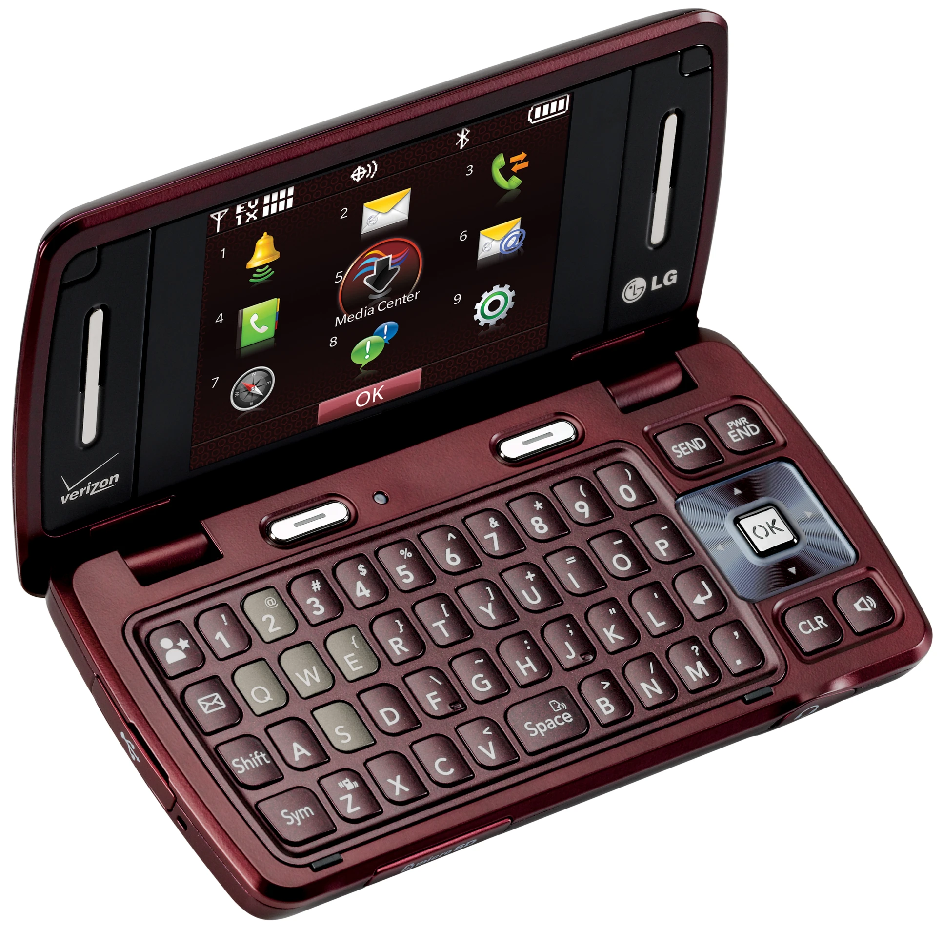 a red cell phone with a keyboard inside of it