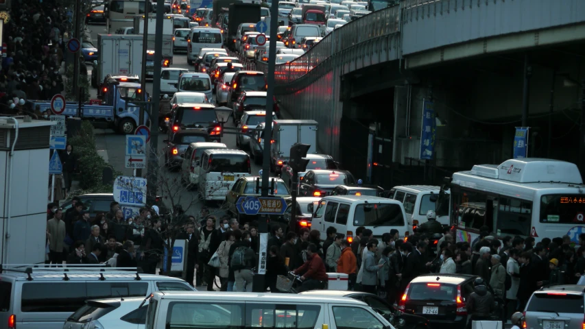 traffic jam on highway near bridge with heavy traffic