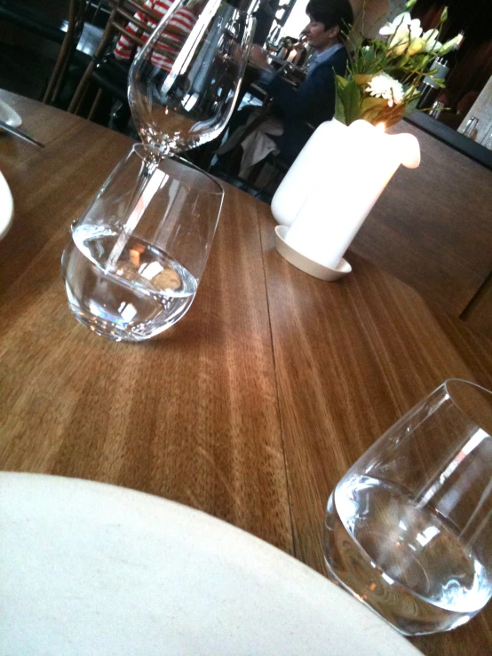 a bowl with clear water sits on a wooden table