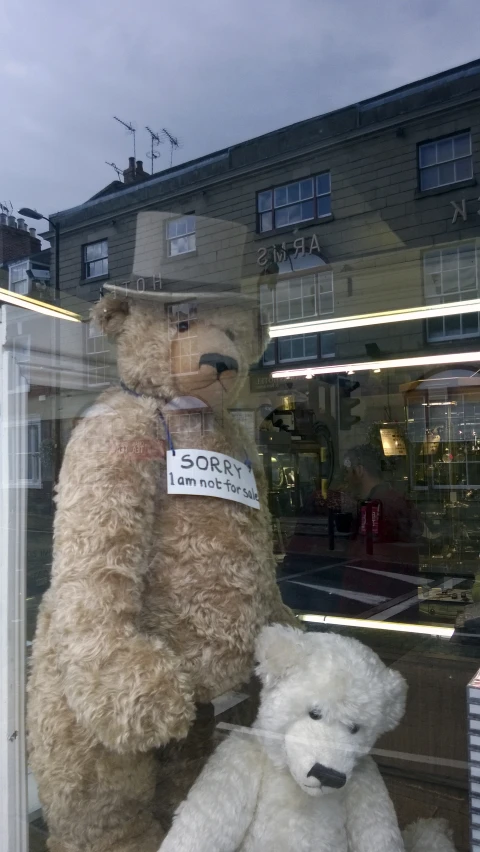 a stuffed bear wearing a top hat and a white teddy bear standing outside of a building