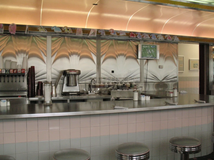 a kitchen with stools and counters in it