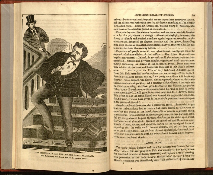 the page from an old book depicting a man standing on the stairs