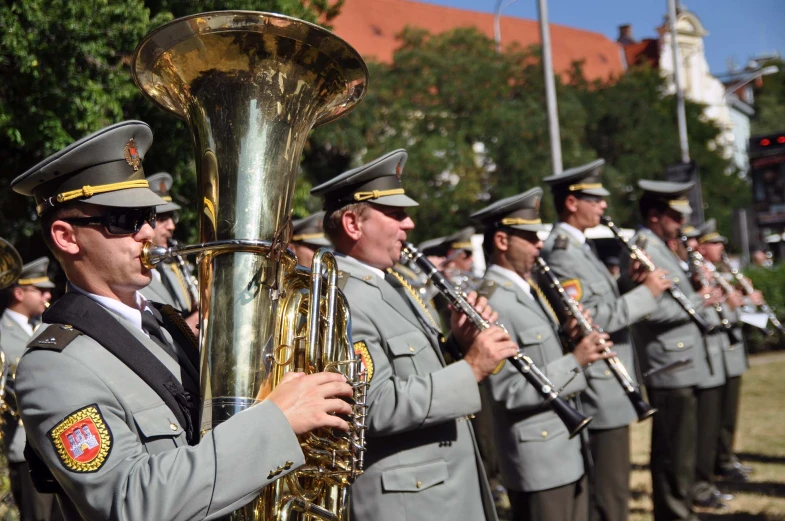 military musicians play musical instruments in a parade