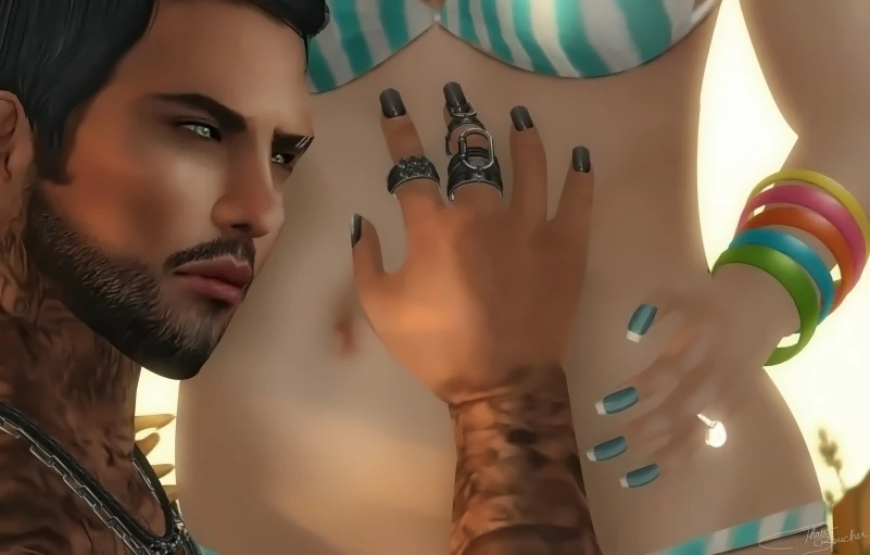 3d rendering image of an attractive woman with tattoos on her hands and an arm with rings on it