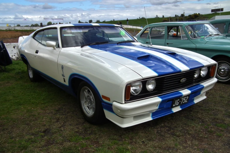 a ford mustang co sits at an automobile show