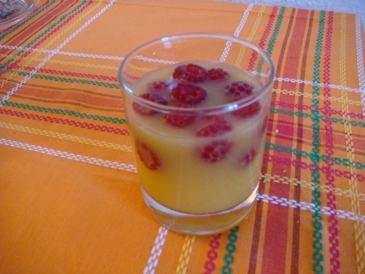 there is a small glass with fruit in it