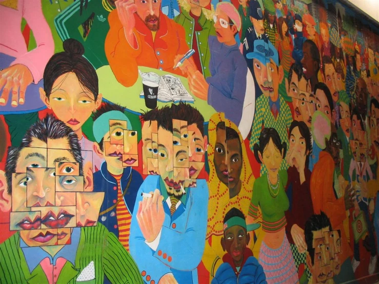 a mural of many people on the wall