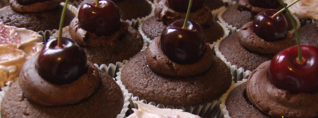 a close up image of chocolate cupcakes with cherries on top