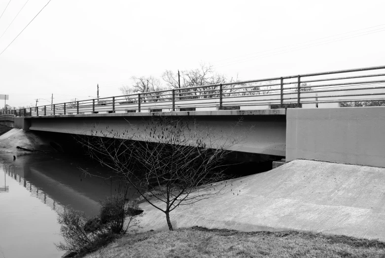 black and white image of an overpass bridge over water
