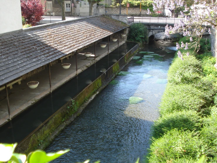 a boat dock sits at the end of the river