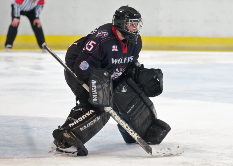 a goalie holding some hockey gloves by himself
