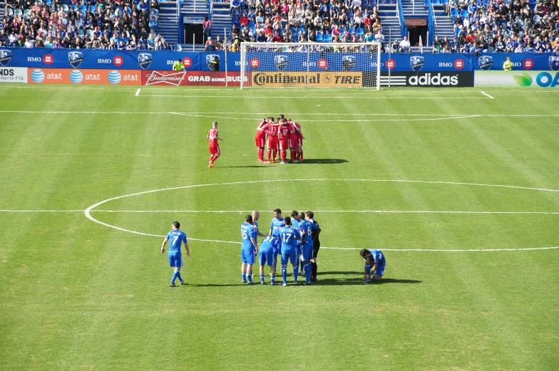 the soccer team is standing on the green field