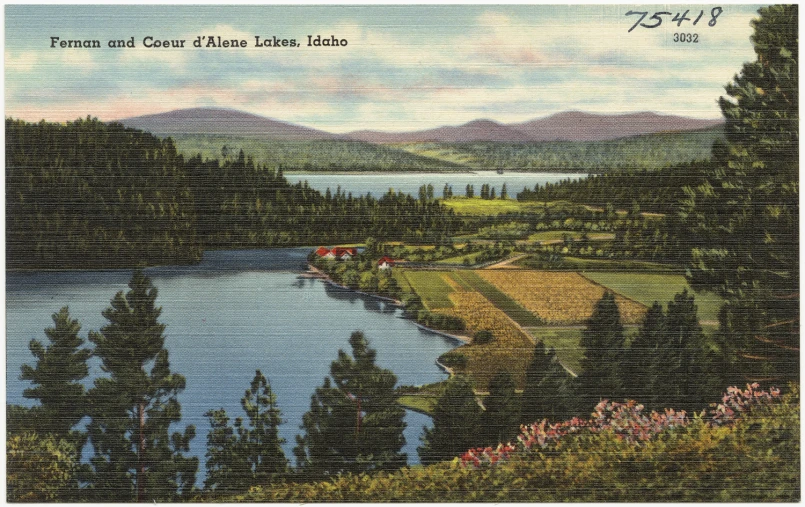 an old postcard from the'75 shows a scenic view of the mountains and lakes