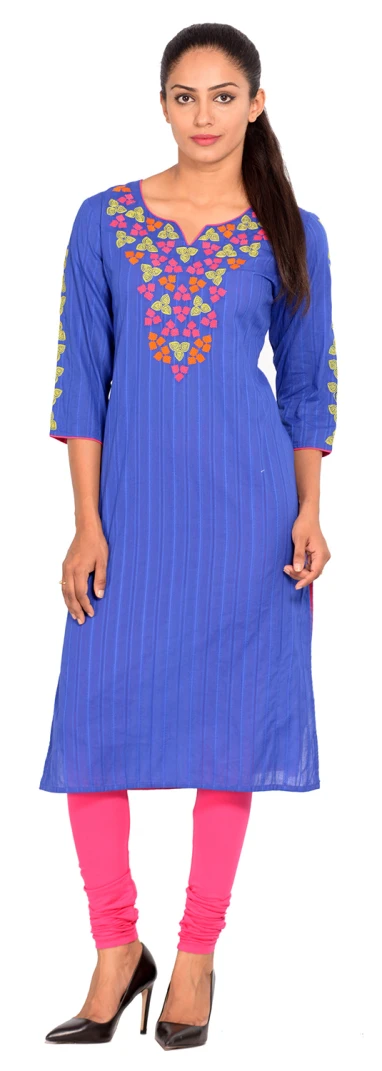 an image of a woman wearing blue and pink tunic