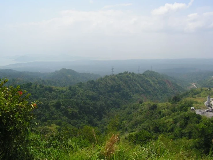 a green landscape has mountains and greenery in the background