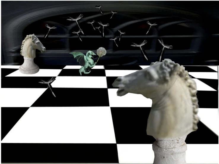 a chess board with three chess horses, one is running towards a king