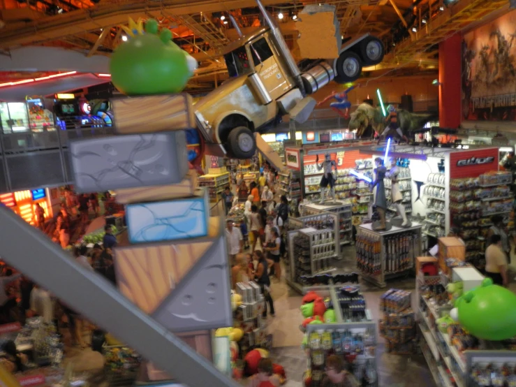 a toy shop with a car going through the air