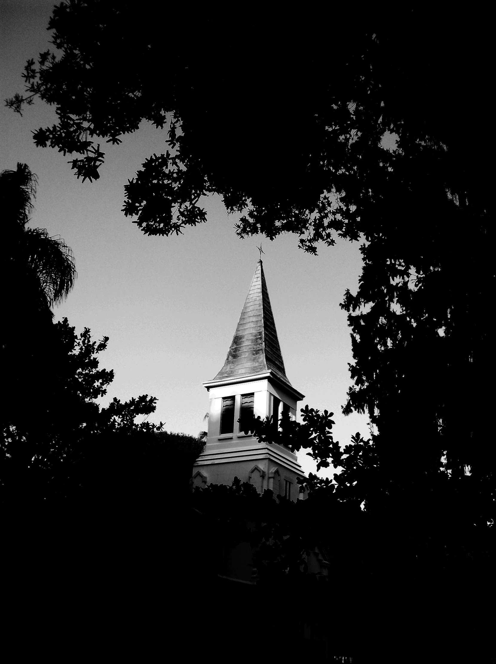 church steeple at night with black and white pograph