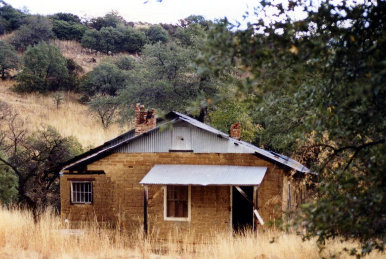 a brown cabin sitting in a field with trees around it