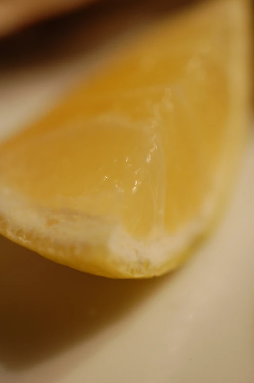 a slice of lemon on a plate on a table