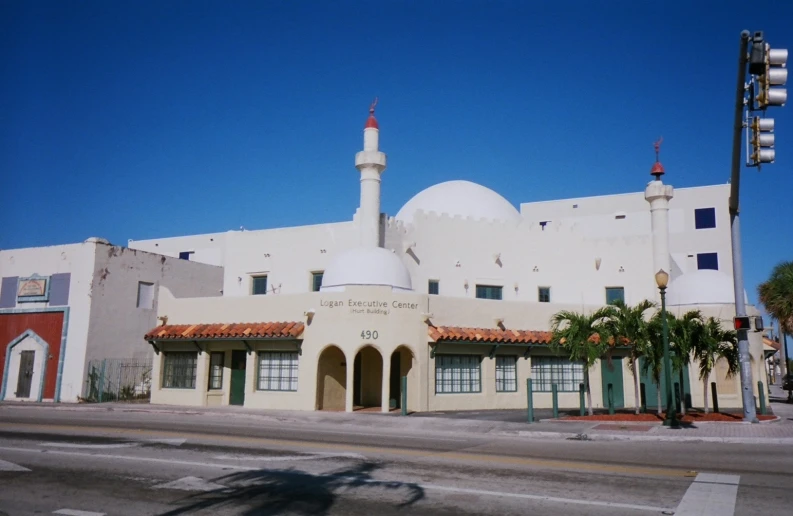 a picture of a big white building and some palm trees