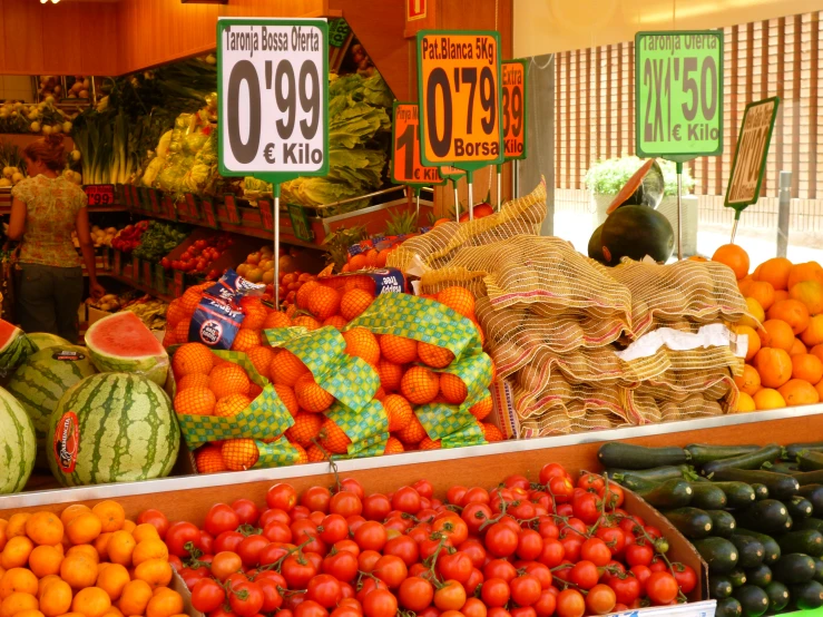 several fruits are displayed with price signs in the background