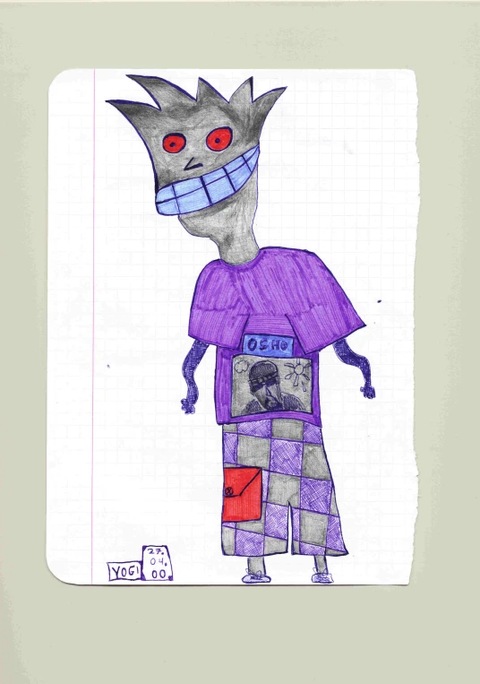 a drawing of an alien in a purple shirt and a black head