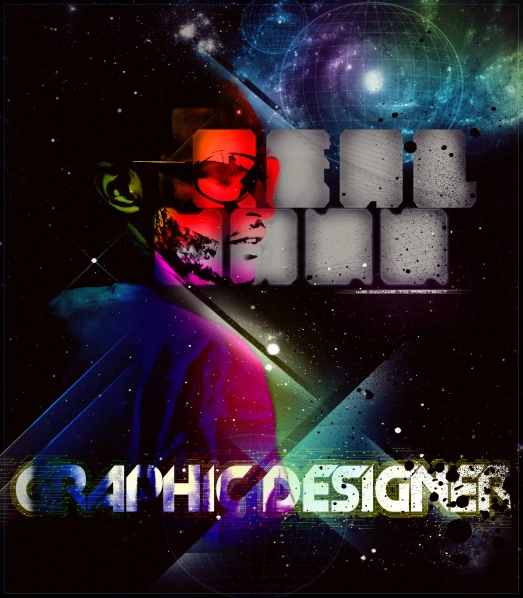 the poster shows a man wearing sunglasses and colorful space