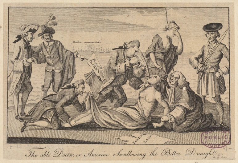 a cartoon depicting four men and a woman sitting on the ground