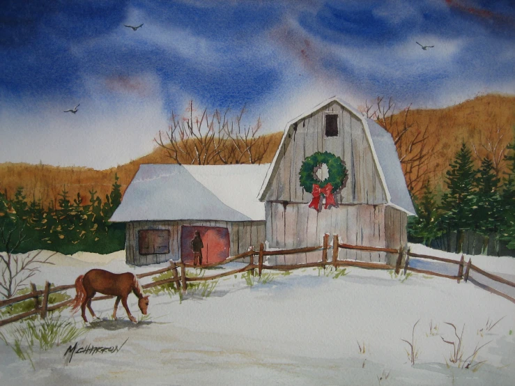 painting of horse grazing in front of barn with christmas wreath and wreath on it