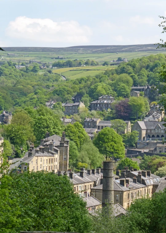 there is a large town on this hill near trees