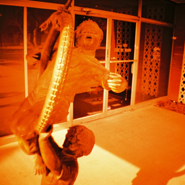 a woman in plastic clothing stands on the porch with a giant stalk of corn on the vine