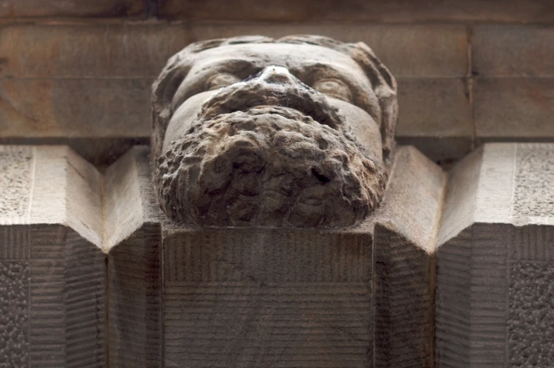 a face carved in the head of a statue