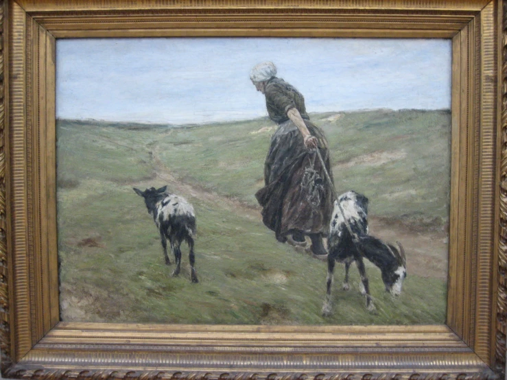 an oil on board painting of a man with sheep and dog