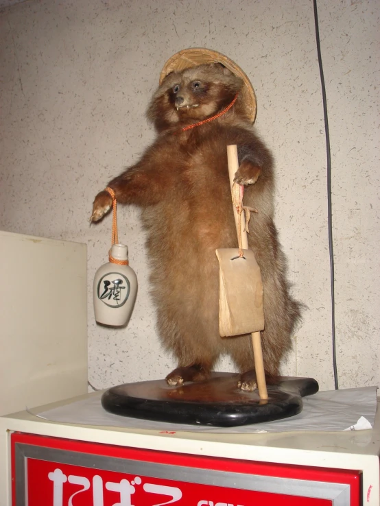 a bear wearing a hat, carrying a cane and bag is on display