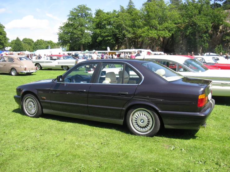 this is a very nice black car parked in the grass