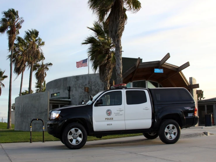 a truck parked in front of a house with palm trees