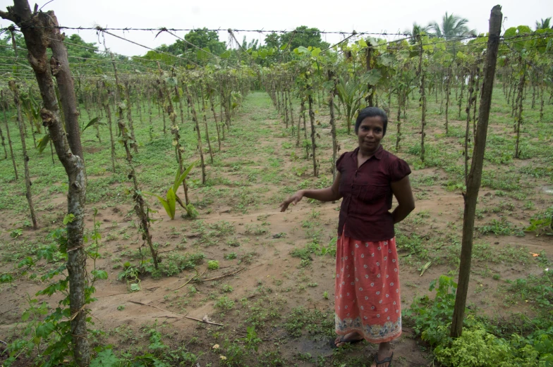 a young woman in her vegetable garden pointing to the right