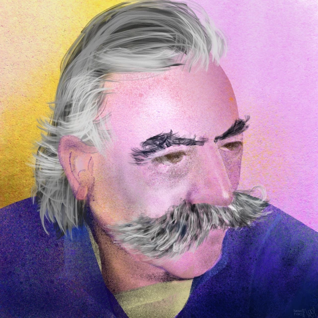a drawing of a man with white hair and a mustache