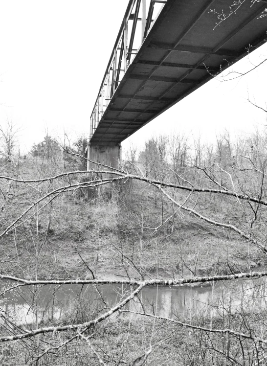 black and white pograph of a bridge over a river