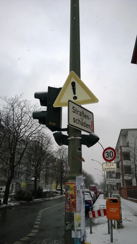 a pole with some signs and some cars