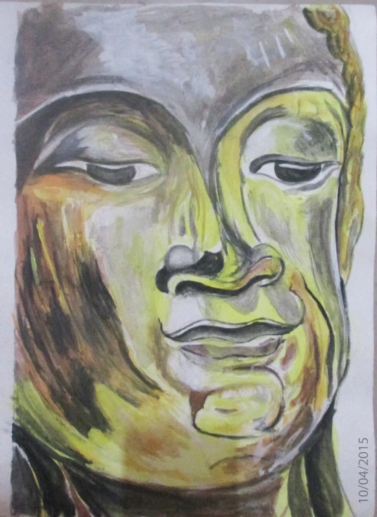 a drawing of a buddha face, one side with two eyes open and the other half closed