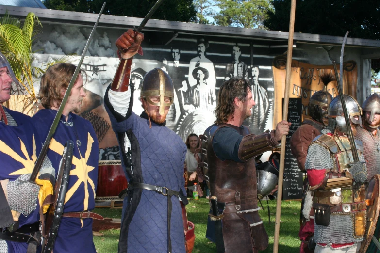 several knights standing on the grass with spears and shields