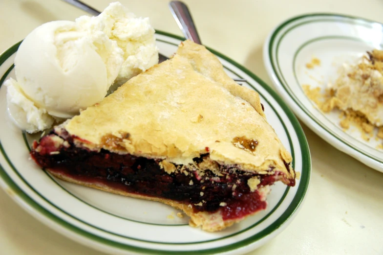 a piece of pie and ice cream on plates